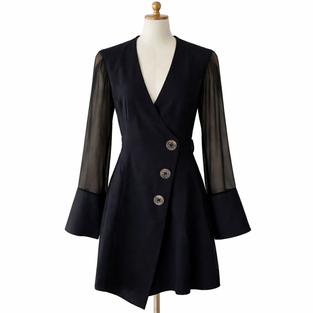 C/MEO Collective First Light Blazer Dress Size XS Black Sheer Sleeve Button